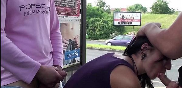  Hot basty girl fucked hard on PUBLIC bus stop by 2 guys with big dicks